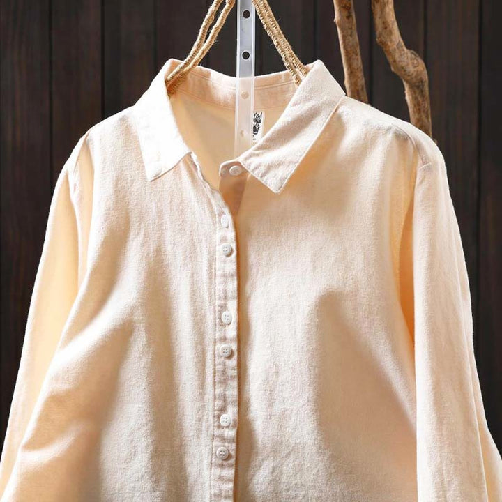 Camisa de algodón de manga larga con cuello alto, botones y estampado de Buddha Stones para mujer - image 1