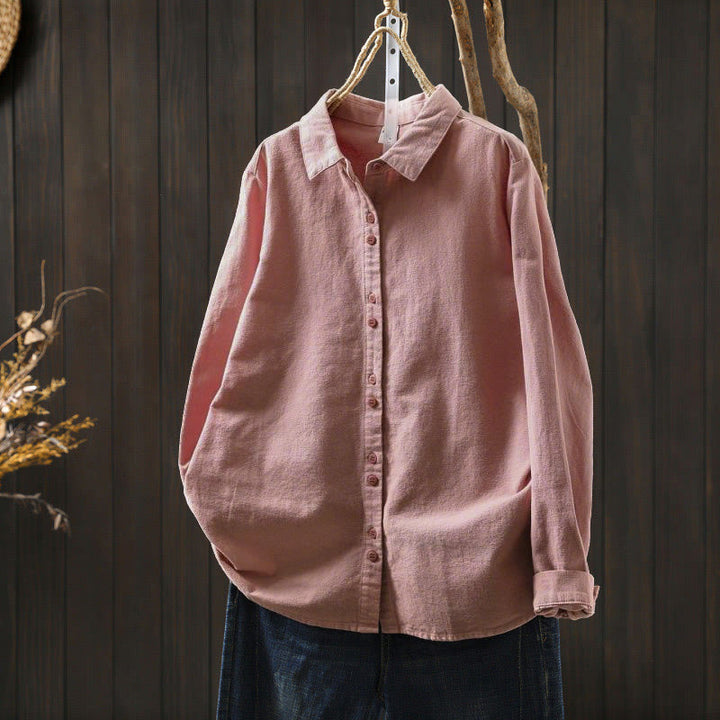 Camisa de algodón de manga larga con cuello alto, botones y estampado de Buddha Stones para mujer - Salmón oscuro - US6, UK/AU10, EU38 (L) - image 2