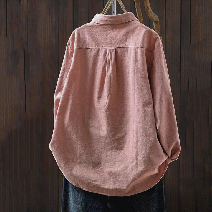 Camisa de algodón de manga larga con cuello alto, botones y estampado de Buddha Stones para mujer - image 4
