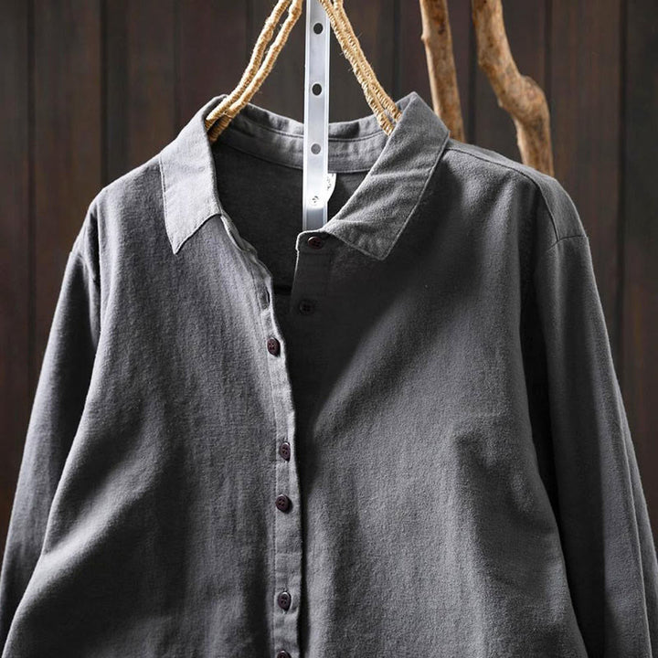 Camisa de algodón de manga larga con cuello alto, botones y estampado de Buddha Stones para mujer - image 19