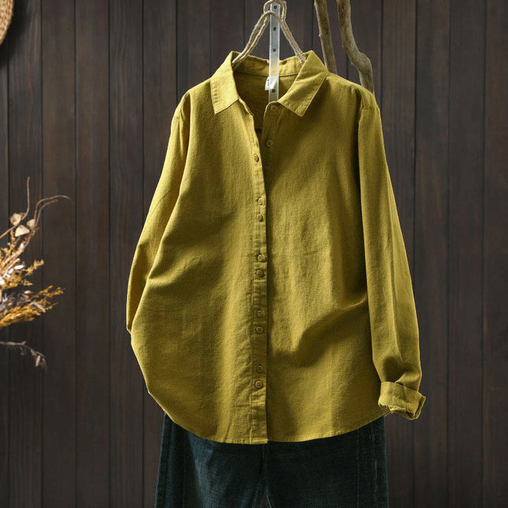 Camisa de algodón de manga larga con cuello alto, botones y estampado de Buddha Stones para mujer - AmarilloVerde - US6, UK/AU10, EU38 (L) - image 20