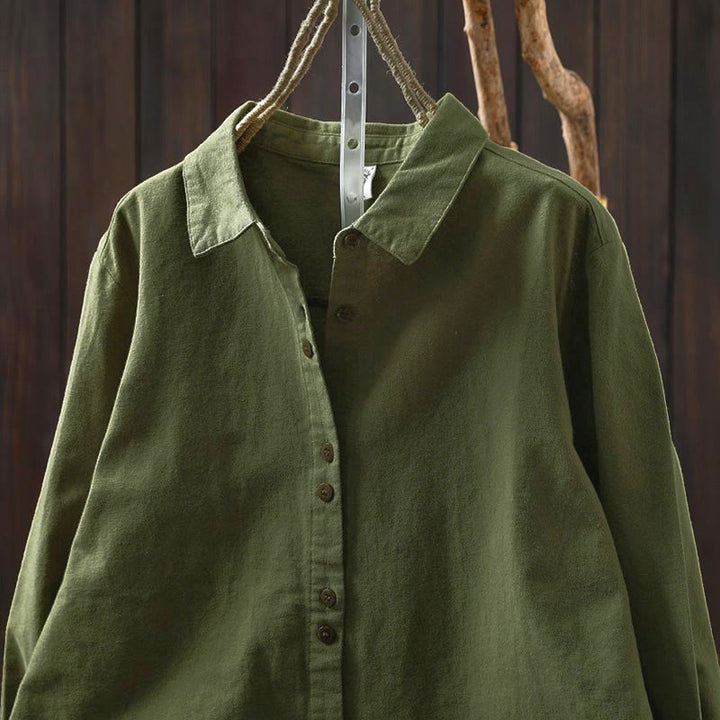 Camisa de algodón de manga larga con cuello alto, botones y estampado de Buddha Stones para mujer - image 23