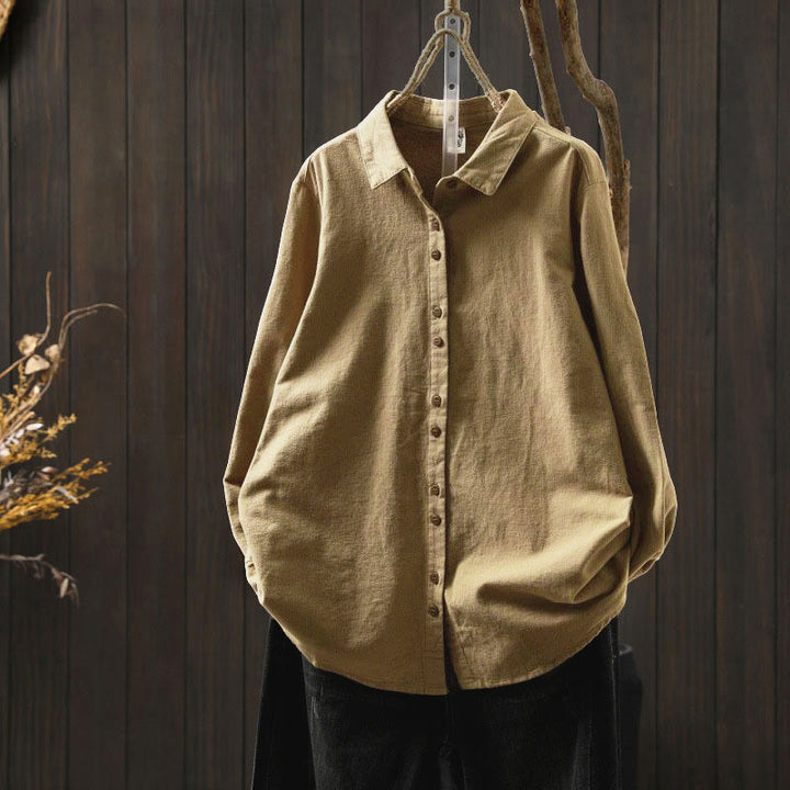 Camisa de algodón de manga larga con cuello alto, botones y estampado de Buddha Stones para mujer - Caqui oscuro - US6, UK/AU10, EU38 (L) - image 24