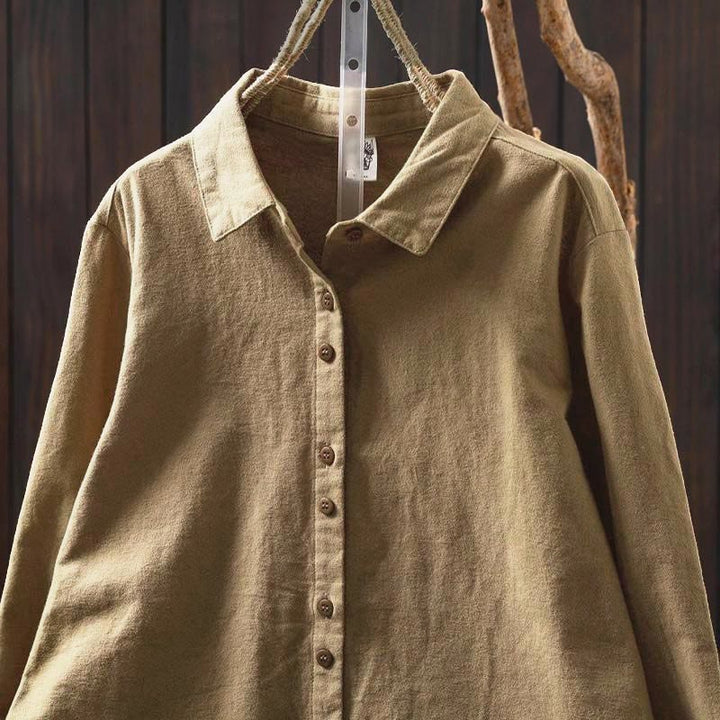 Camisa de algodón de manga larga con cuello alto, botones y estampado de Buddha Stones para mujer - image 25