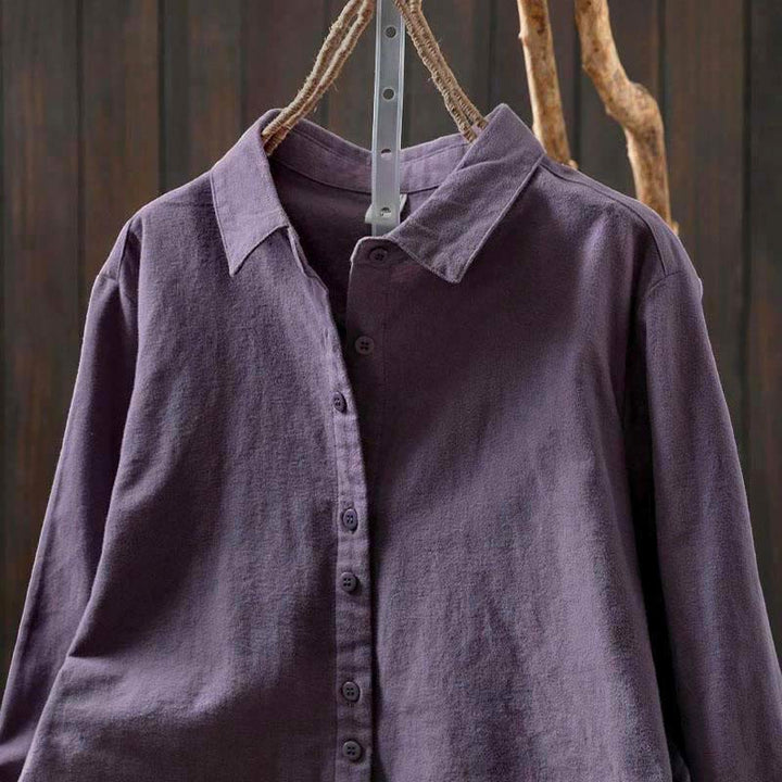 Camisa de algodón de manga larga con cuello alto, botones y estampado de Buddha Stones para mujer - image 29