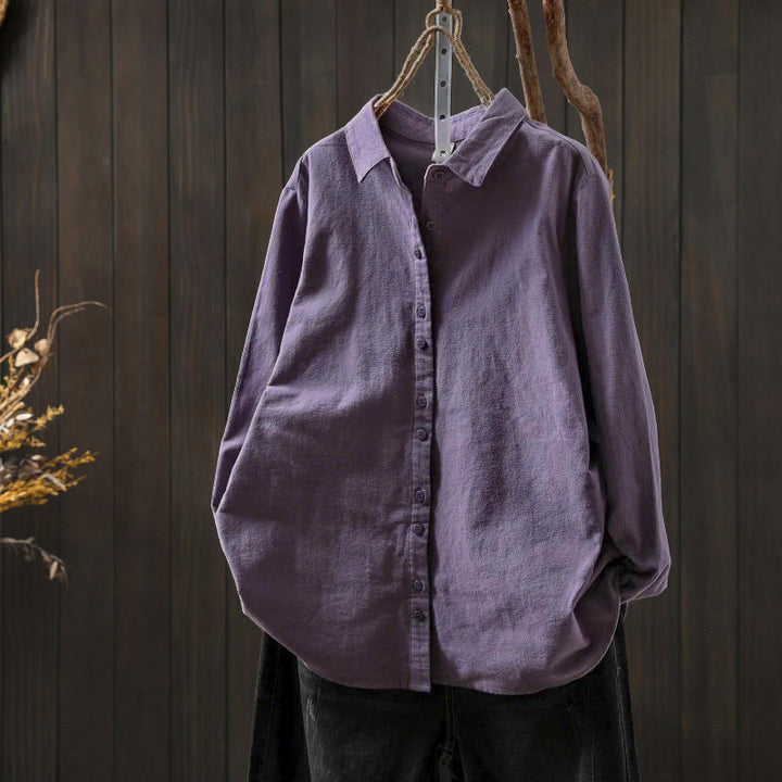 Camisa de algodón de manga larga con cuello alto, botones y estampado de Buddha Stones para mujer - Púrpura - US6, UK/AU10, EU38 (L) - image 28
