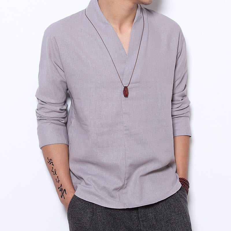 Camisa informal de manga larga con cuello en V y estampado de Buddha Stones para hombre. - Gainsboro - US/UK/AU44, UE 54 (5XL) - image 0