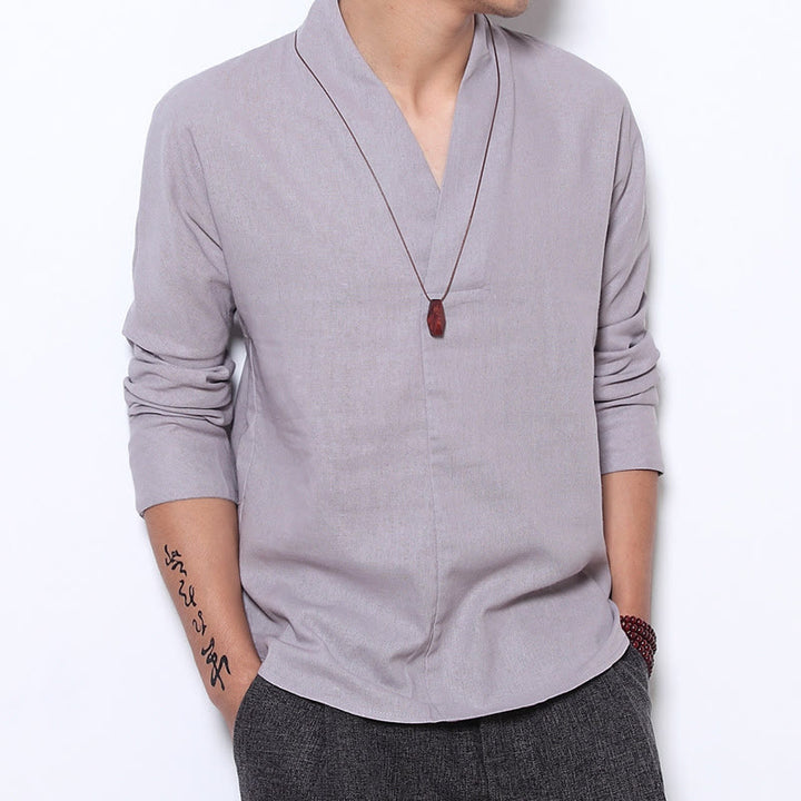 Camisa informal de manga larga con cuello en V y estampado de Buddha Stones para hombre. - Gainsboro - US/UK/AU44, UE 54 (5XL) - image 0
