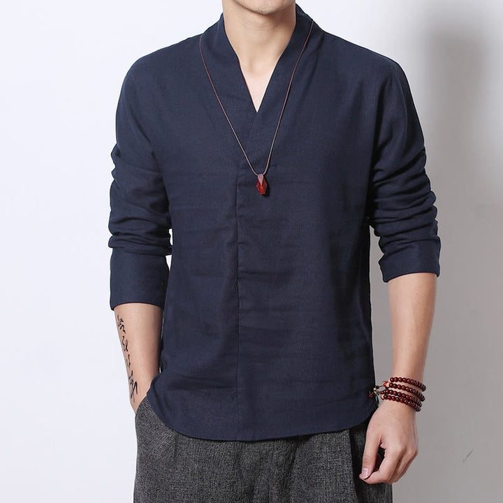 Camisa informal de manga larga con cuello en V y estampado de Buddha Stones para hombre. - Azul acero - US/UK/AU44, UE 54 (5XL) - image 6