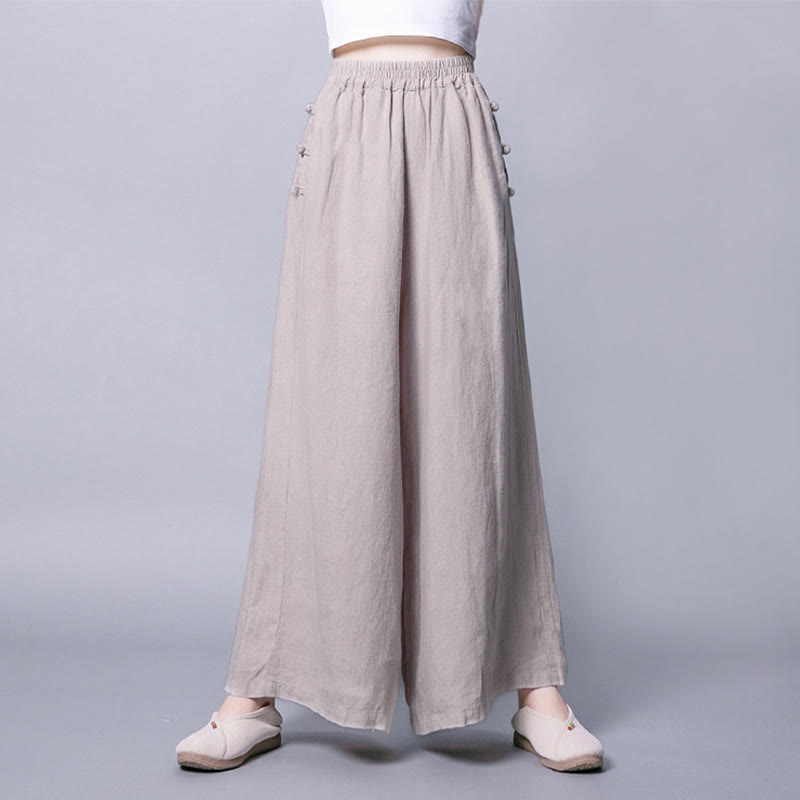 Pantalones casuales de cintura alta, anchos y bolsillos con botones de rana de Buddha Stones - image 5
