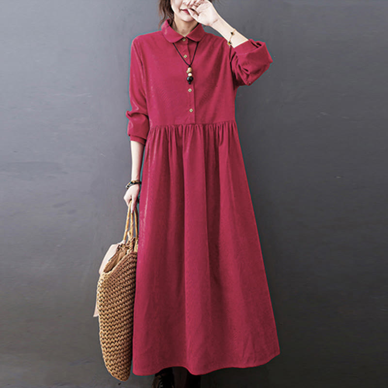 Vestido midi de pana de algodón de manga larga con diseño de Buddha Stones y bolsillos. - Rojo - US8-10，UK/AU12-14，EU40-42 (2XL) - image 9