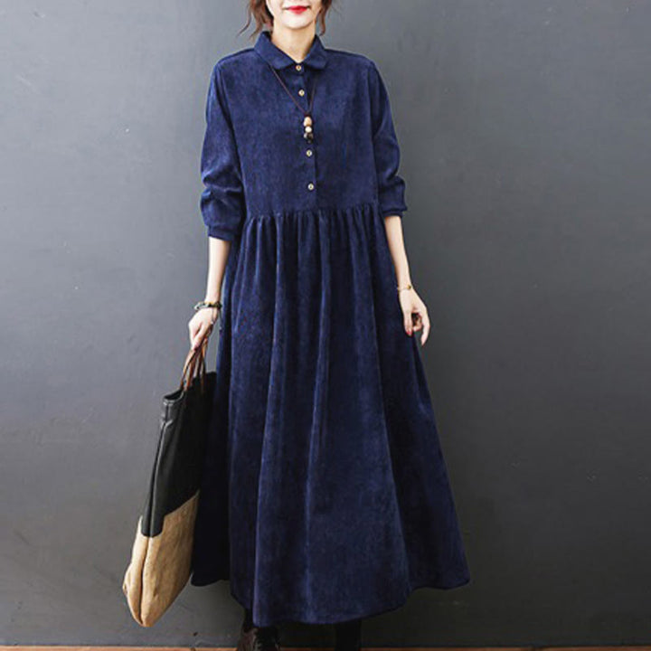 Vestido midi de pana de algodón de manga larga con diseño de Buddha Stones y bolsillos. - Azul medianoche - US8-10，UK/AU12-14，EU40-42 (2XL) - image 21