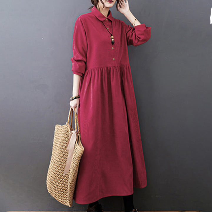 Vestido midi de pana de algodón de manga larga con diseño de Buddha Stones y bolsillos. - image 15