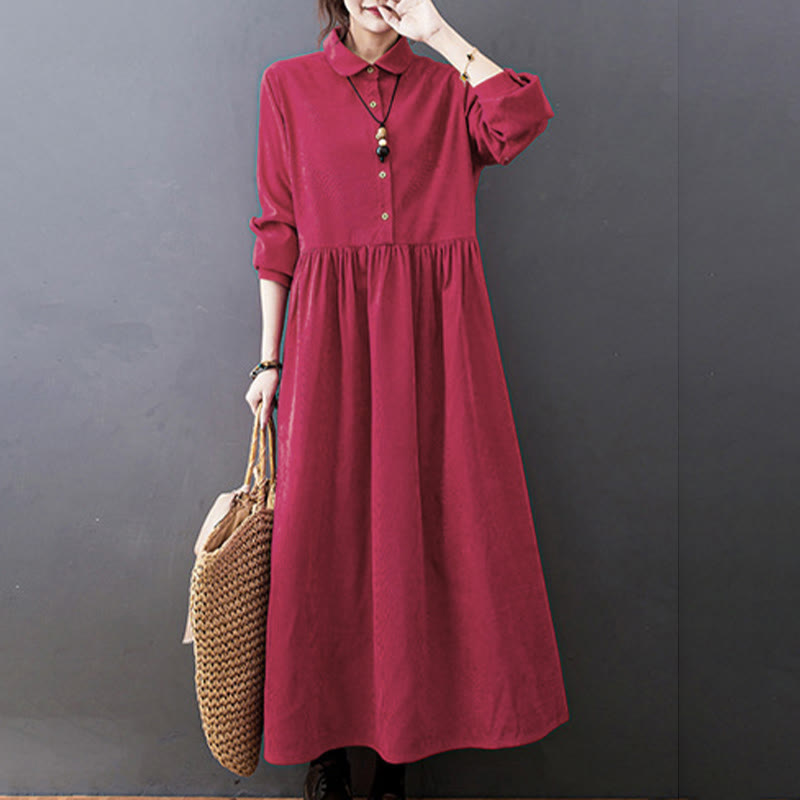 Vestido midi de pana de algodón de manga larga con diseño de Buddha Stones y bolsillos. - image 16