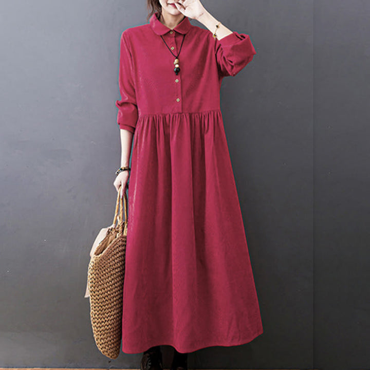 Vestido midi de pana de algodón de manga larga con diseño de Buddha Stones y bolsillos. - image 16