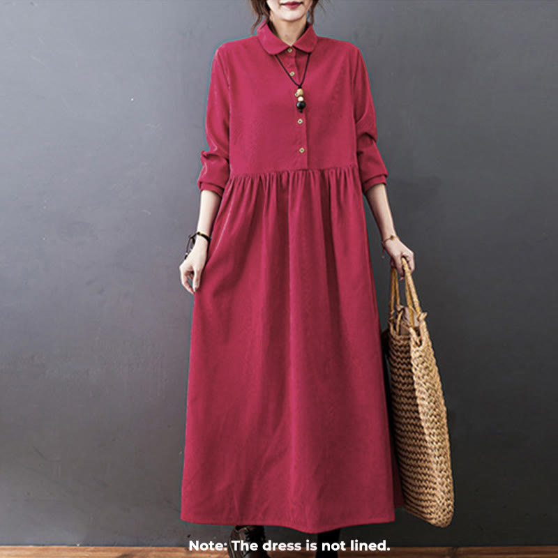 Vestido midi de pana de algodón de manga larga con diseño de Buddha Stones y bolsillos. - image 10