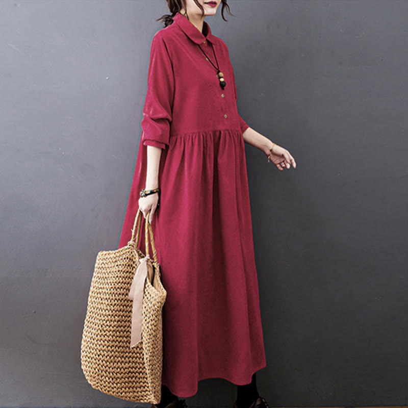 Vestido midi de pana de manga larga con bolsillos, diseño de Buddha Stones y botones otoñales. - image 11