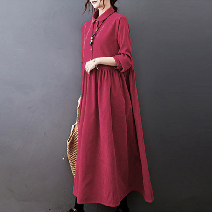 Vestido midi de pana de algodón de manga larga con diseño de Buddha Stones y bolsillos. - image 13