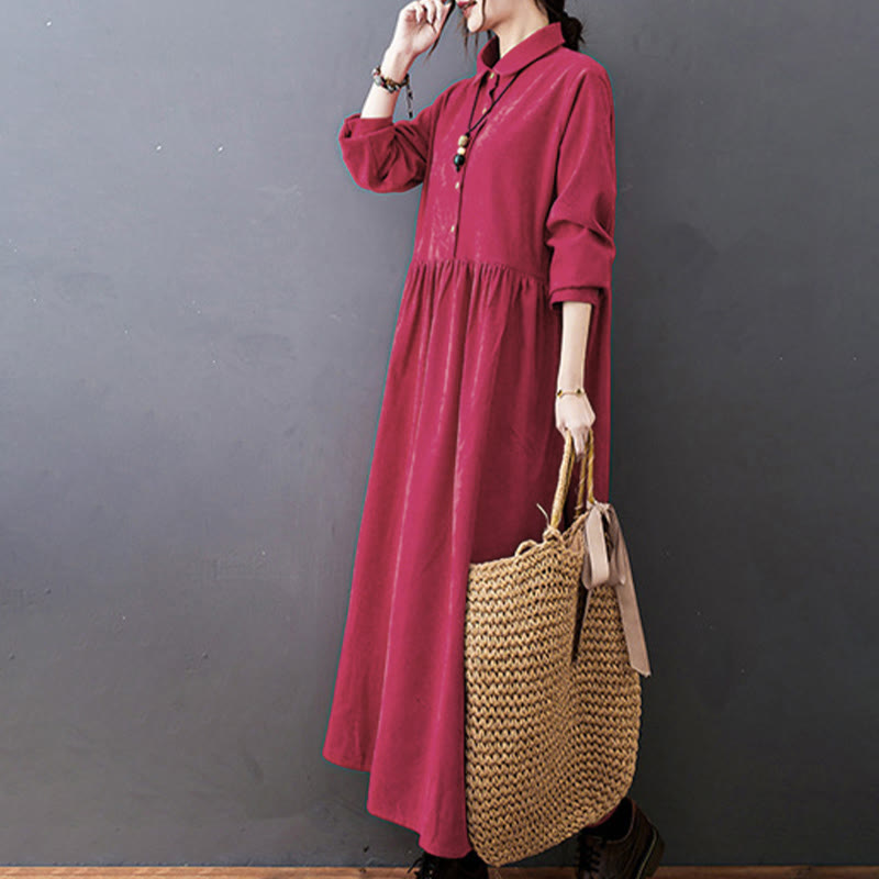 Vestido midi de pana de manga larga con bolsillos, diseño de Buddha Stones y botones otoñales. - image 14