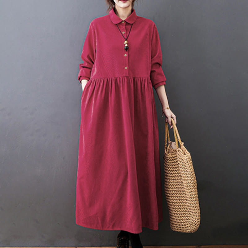 Vestido midi de pana de manga larga con bolsillos, diseño de Buddha Stones y botones otoñales. - image 12