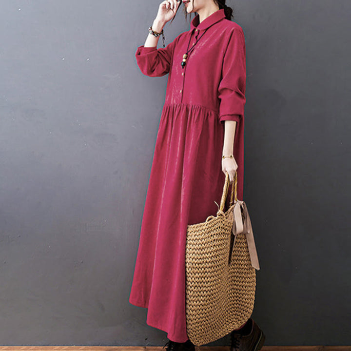 Vestido midi de pana de algodón de manga larga con diseño de Buddha Stones y bolsillos. - image 14