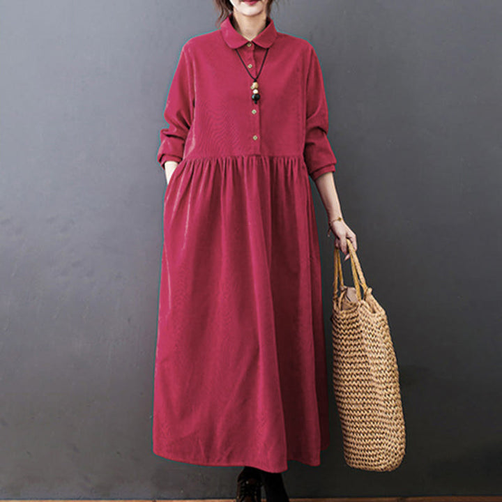 Vestido midi de pana de algodón de manga larga con diseño de Buddha Stones y bolsillos. - image 12