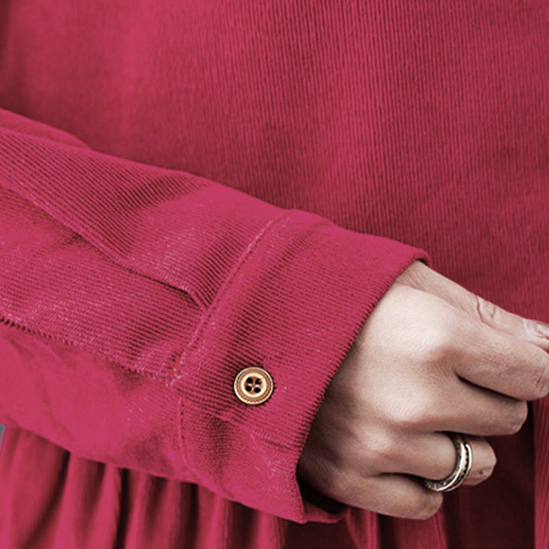 Vestido midi de pana de manga larga con bolsillos, diseño de Buddha Stones y botones otoñales. - image 19