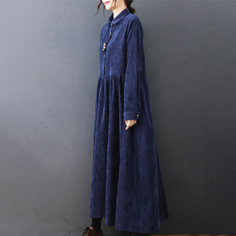 Vestido midi de pana de algodón de manga larga con diseño de Buddha Stones y bolsillos. - image 24
