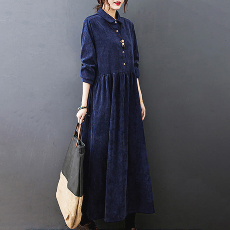 Vestido midi de pana de algodón de manga larga con diseño de Buddha Stones y bolsillos. - image 25