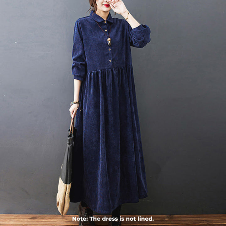 Vestido midi de pana de algodón de manga larga con diseño de Buddha Stones y bolsillos. - image 22