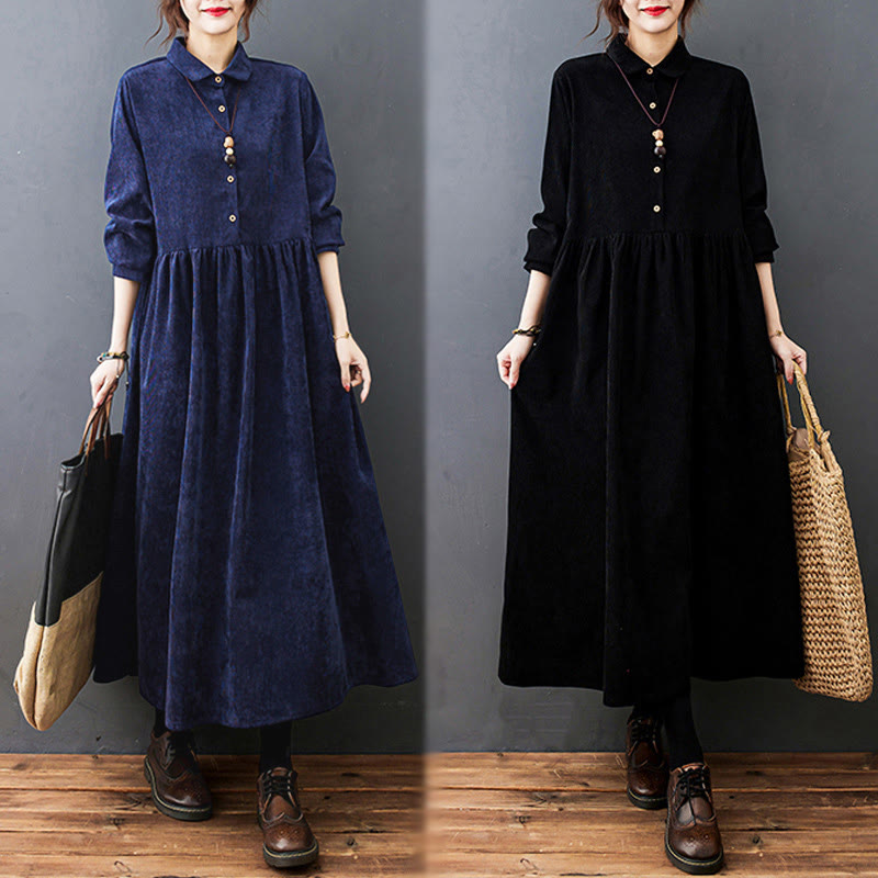 Vestido midi de pana de algodón de manga larga con diseño de Buddha Stones y bolsillos. - image 27