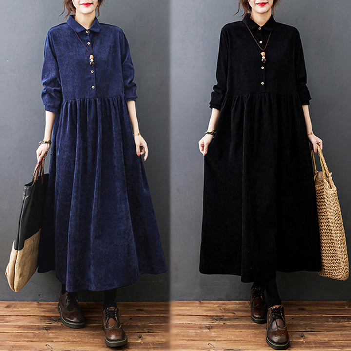 Vestido midi de pana de manga larga con bolsillos, diseño de Buddha Stones y botones otoñales. - image 27