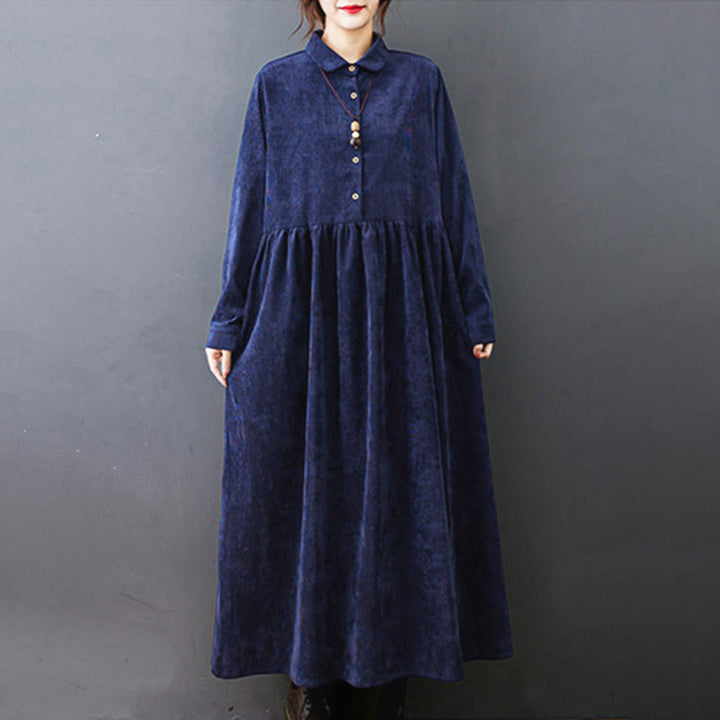 Vestido midi de pana de algodón de manga larga con diseño de Buddha Stones y bolsillos. - image 23