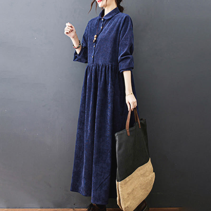 Vestido midi de pana de manga larga con bolsillos, diseño de Buddha Stones y botones otoñales. - image 26