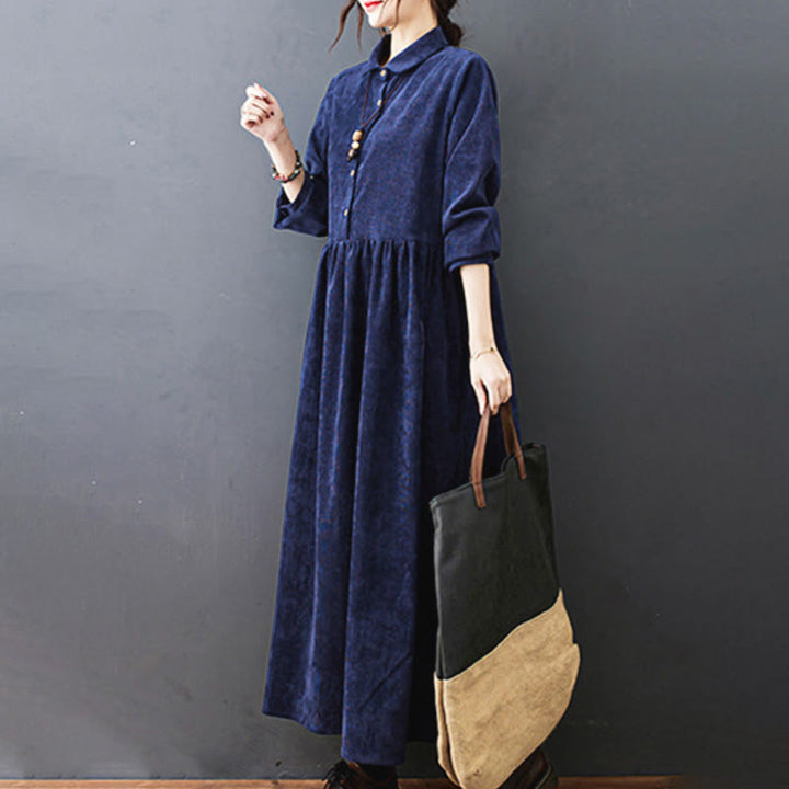 Vestido midi de pana de manga larga con bolsillos, diseño de Buddha Stones y botones otoñales. - image 26