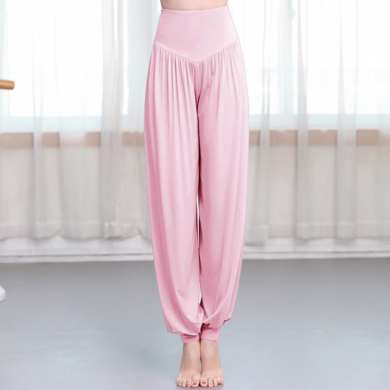 Pantalones de harén de danza de yoga modales sueltos de color liso con Buddha Stones - Rosa claro - US12, UK/AU16, EU44 (3XL) - image 10