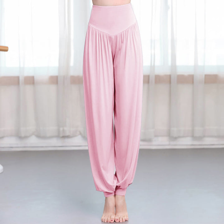Pantalones de harén de danza de yoga modales sueltos de color liso con Buddha Stones - Rosa claro - US12, UK/AU16, EU44 (3XL) - image 10
