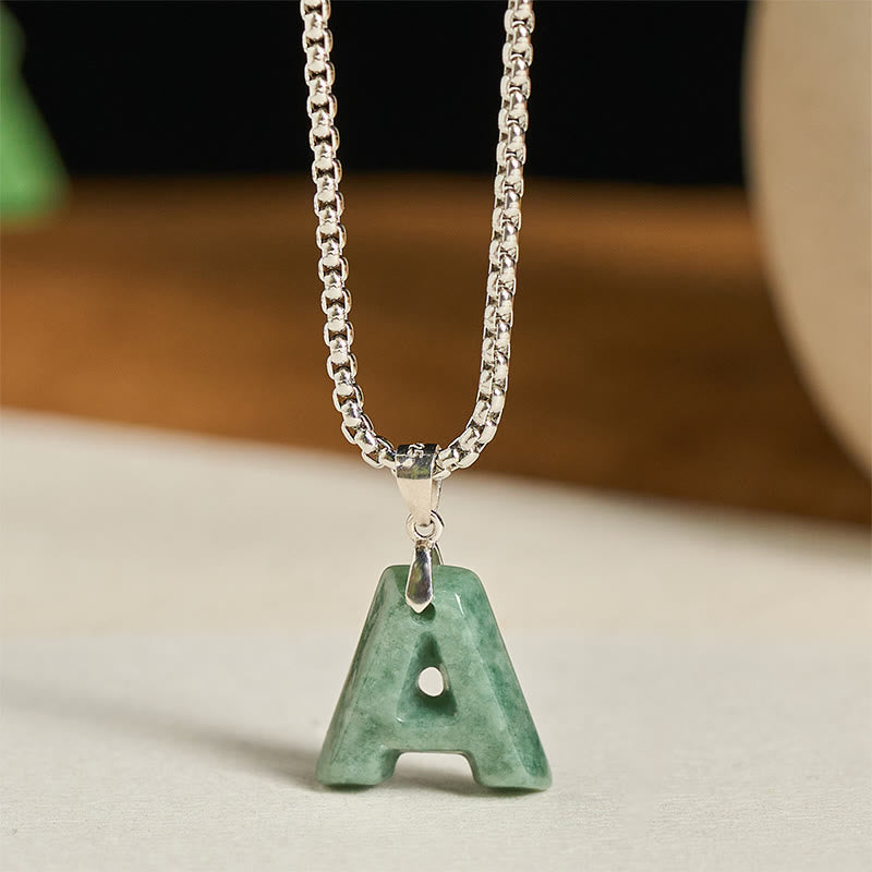 Collar con colgante de prosperidad de cadena ancha de acero de titanio y jade con letras AZ naturales de Buddha Stones - T - image 1