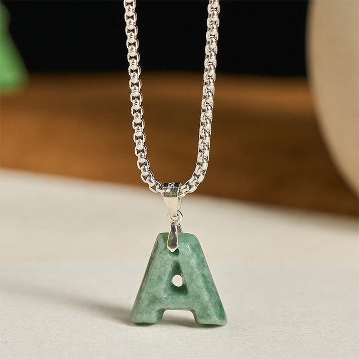 Collar con colgante de prosperidad de cadena ancha de acero de titanio y jade con letras AZ naturales de Buddha Stones - T - image 1