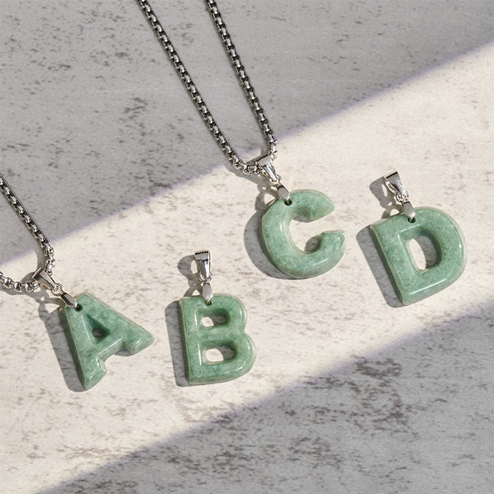Collar con colgante de prosperidad de cadena ancha de acero de titanio y jade con letras AZ naturales de Buddha Stones - image 35