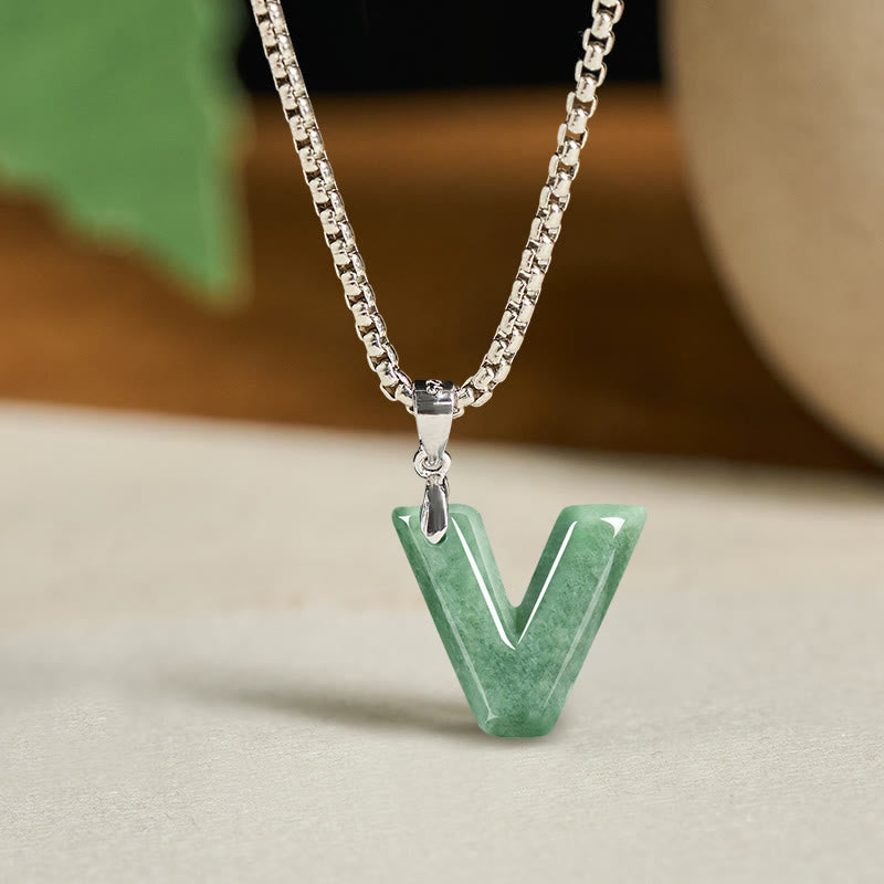 Collar con colgante de prosperidad de cadena ancha de acero de titanio y jade con letras AZ naturales de Buddha Stones - V - image 30