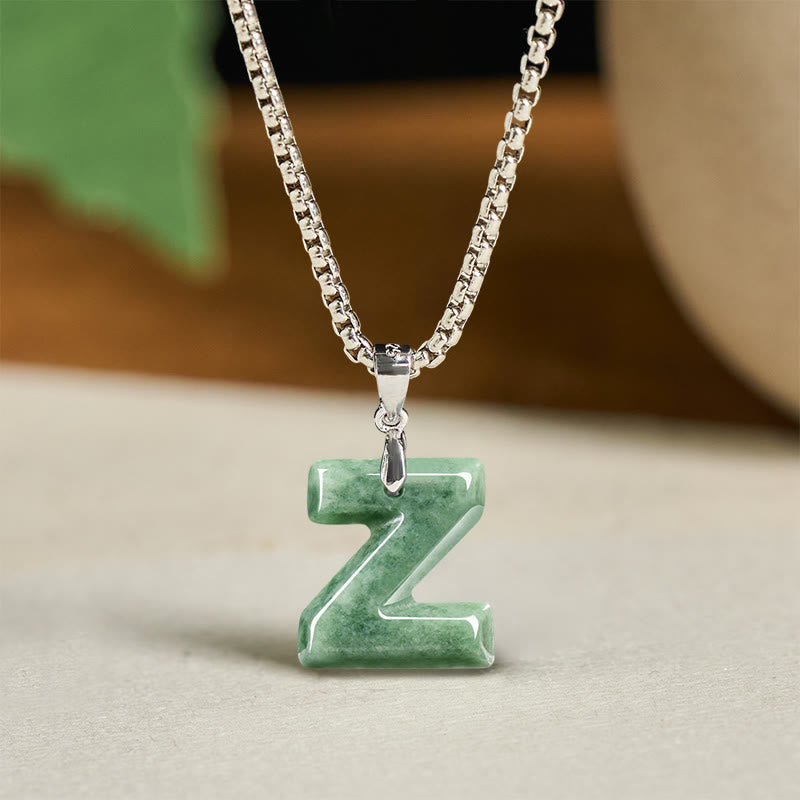 Collar con colgante de prosperidad de cadena ancha de acero de titanio y jade con letras AZ naturales de Buddha Stones - Z - image 34