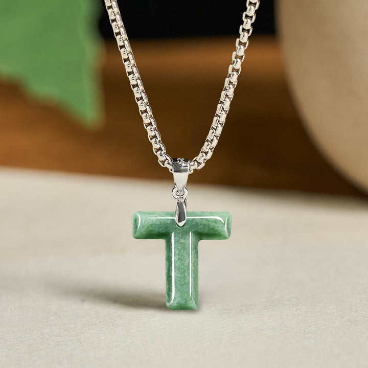 Collar con colgante de prosperidad de cadena ancha de acero de titanio y jade con letras AZ naturales de Buddha Stones - image 28