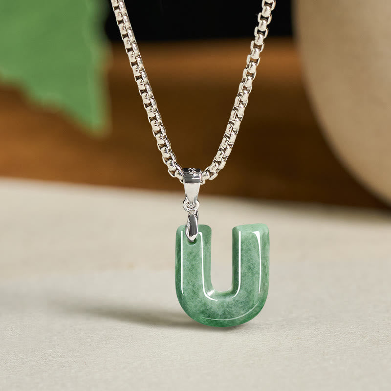 Collar con colgante de prosperidad de cadena ancha de acero de titanio y jade con letras AZ naturales de Buddha Stones - U - image 29