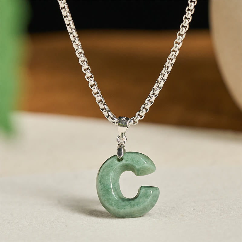 Collar con colgante de prosperidad de cadena ancha de acero de titanio y jade con letras AZ naturales de Buddha Stones - image 9