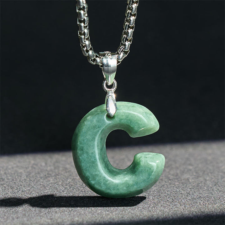 Collar con colgante de prosperidad de cadena ancha de acero de titanio y jade con letras AZ naturales de Buddha Stones - image 10