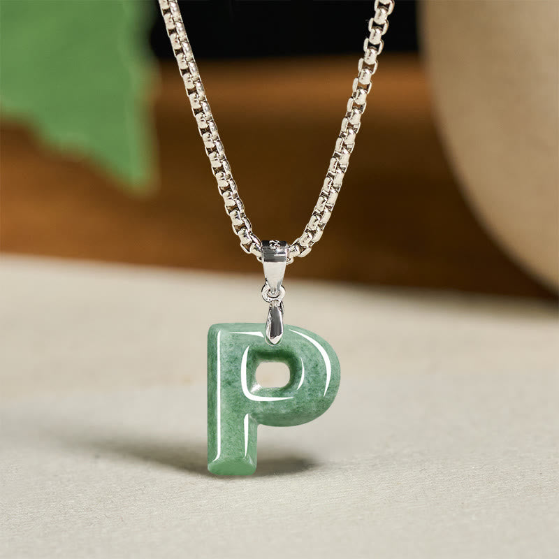 Collar con colgante de prosperidad de cadena ancha de acero de titanio y jade con letras AZ naturales de Buddha Stones - image 24