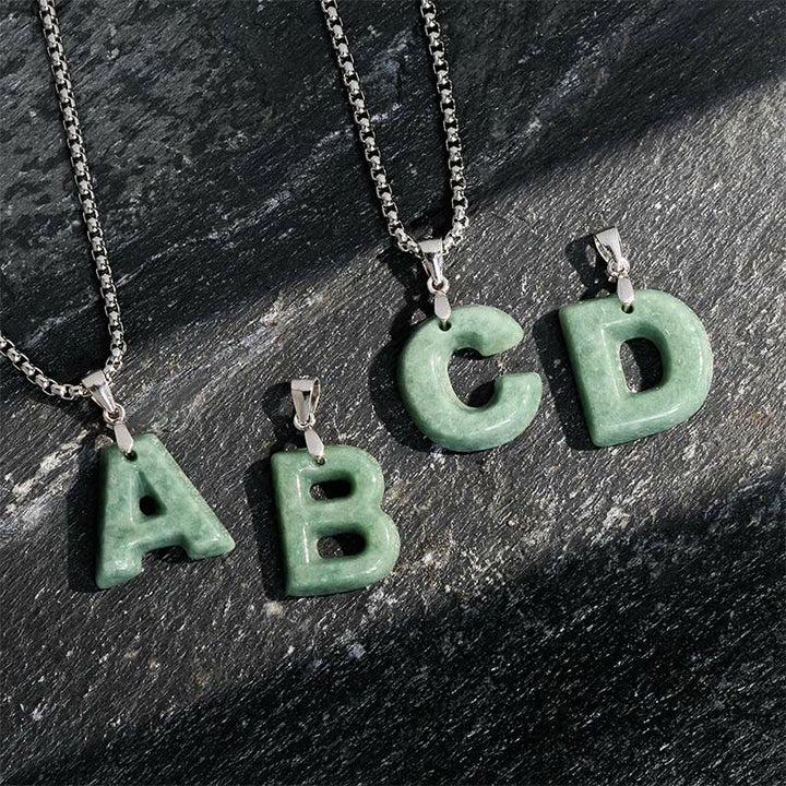 Collar con colgante de prosperidad de cadena ancha de acero de titanio y jade con letras AZ naturales de Buddha Stones - image 0