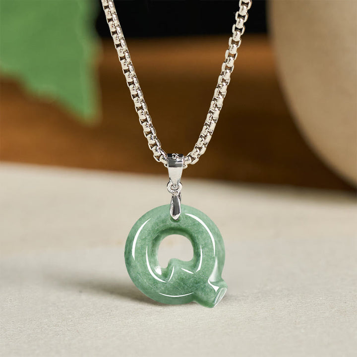 Collar con colgante de prosperidad de cadena ancha de acero de titanio y jade con letras AZ naturales de Buddha Stones - Q - image 25