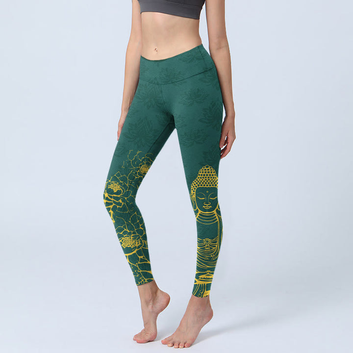 Leggings de yoga para mujer con estampado de imagen de Buddha Stones de loto y Buda - Verde oscuro - US18，UK/AU22，EU50 (4XL) - image 0